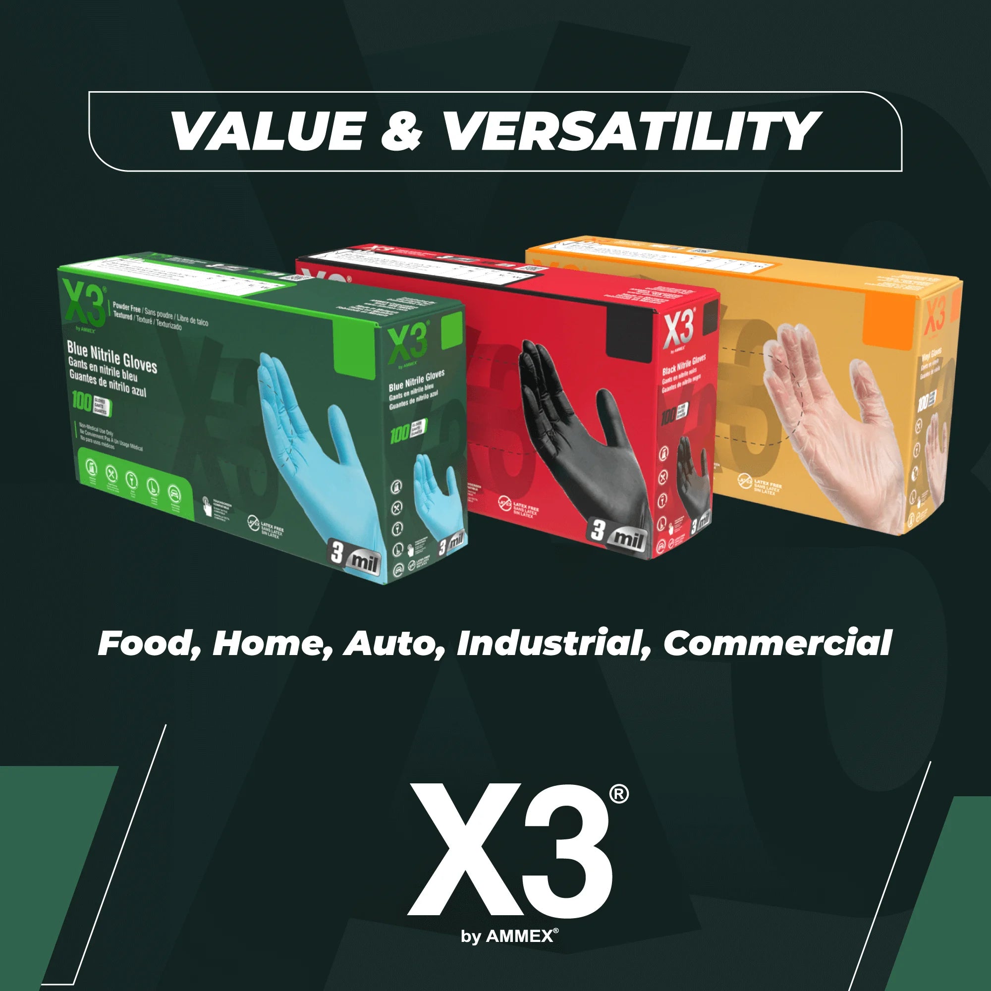 X3 Black Nitrile Gloves – XXL, 100 Count | Disposable Protective Gloves