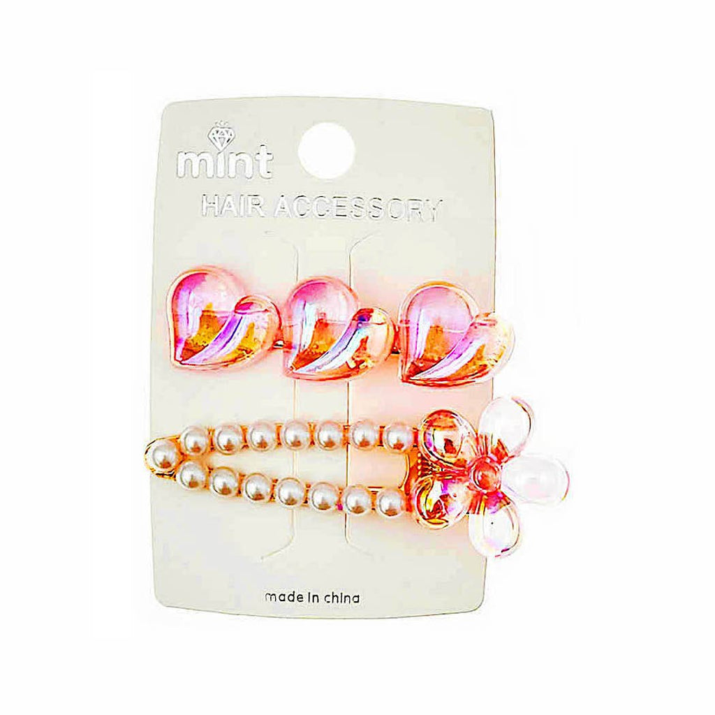 JH46702 - Iridescent Heart & Pearl Hair Clip Set