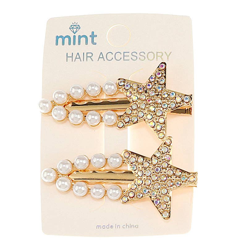 Rhinestone & Pearl Star Hair Clips