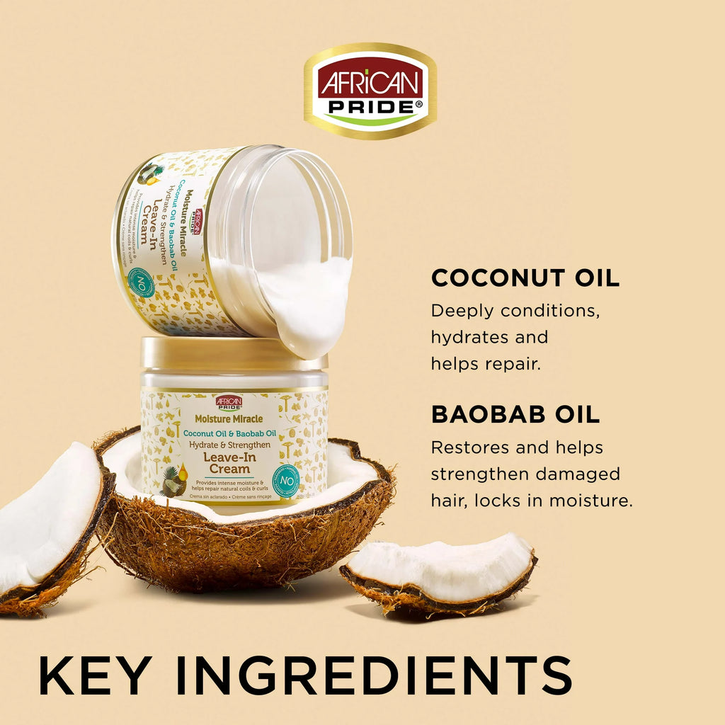 African Pride Moisture Miracle Hydrating & Strengthening Leave-In Cream – Coconut Oil & Baobab Oil Treatment for Natural Curls