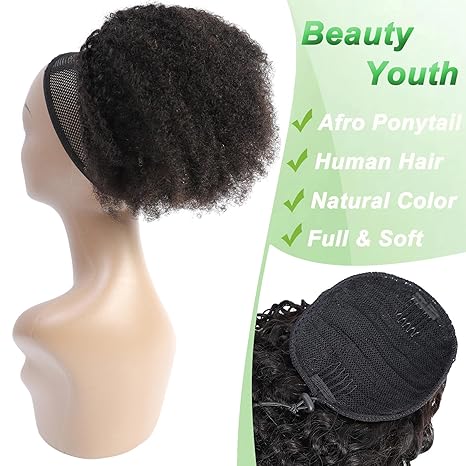 Afro Drawstring Ponytail Extension – Pure Natural Twin 1B Soft Black Synthetic Hairpiece for Women