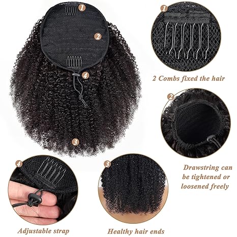 Afro Drawstring Ponytail Extension – Pure Natural Twin 1B Soft Black Synthetic Hairpiece for Women