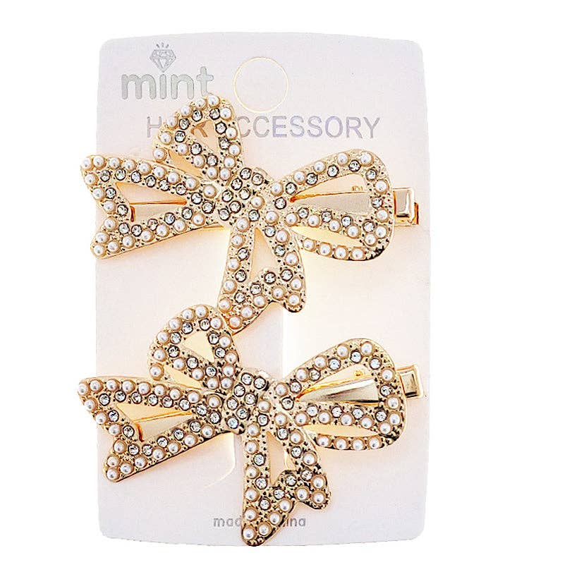 Rhinestone & Pearl Bow Hair Clips