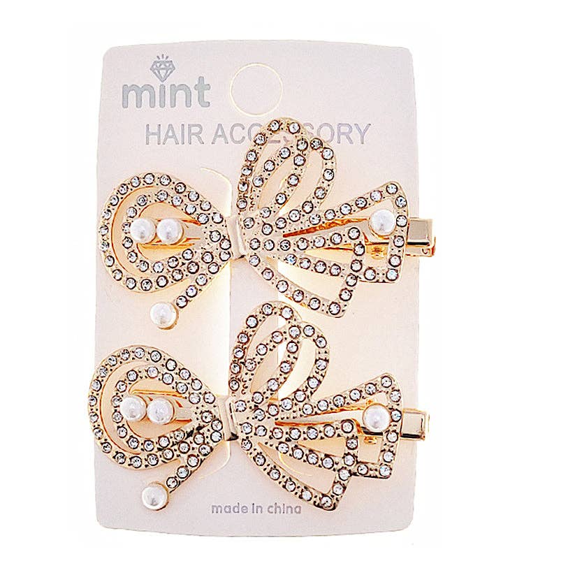 Rhinestone & Pearl Bow Hair Clips