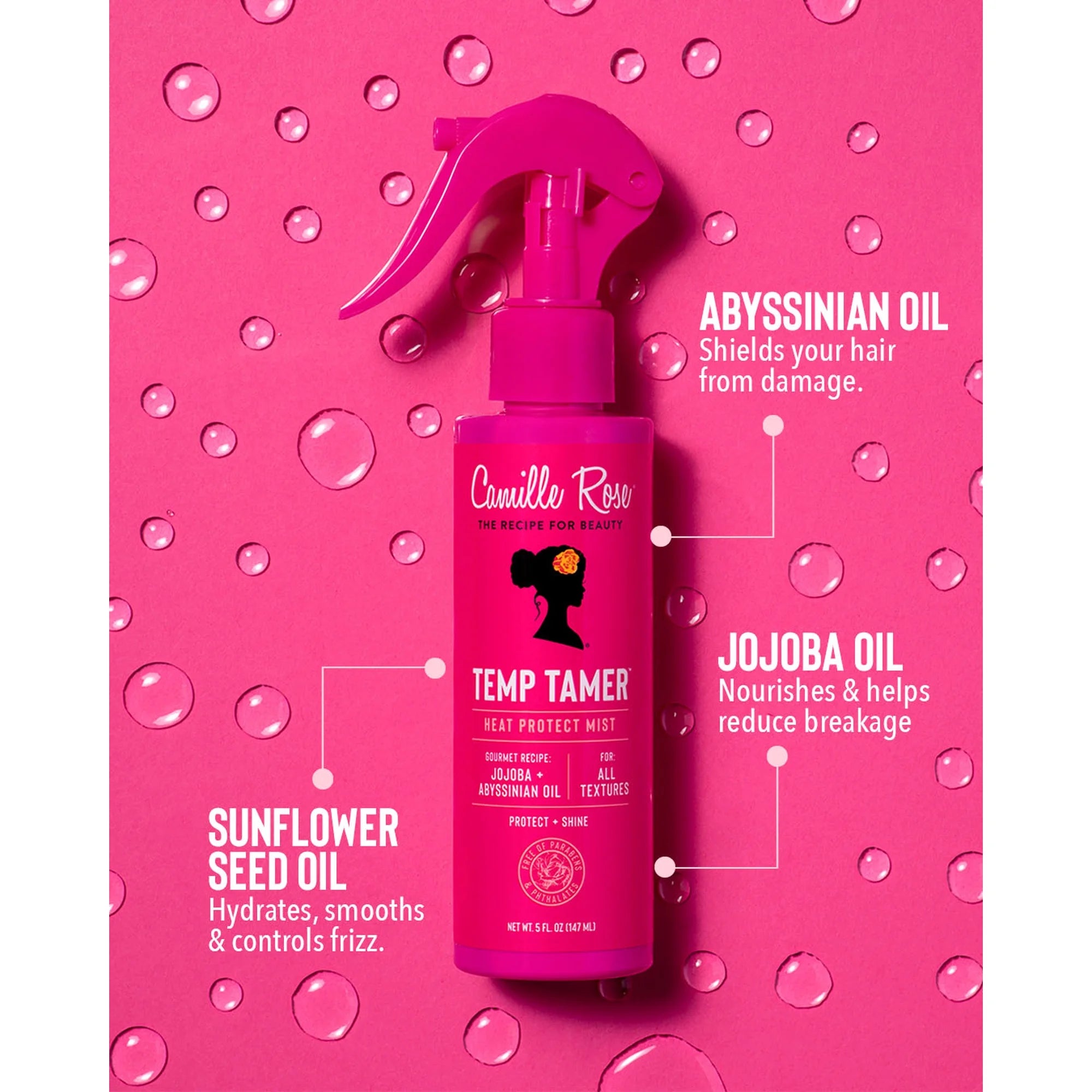 Camille Rose Temp Tamer Heat Protect Mist, 5 fl oz Lightweight Thermal Shield for Hair