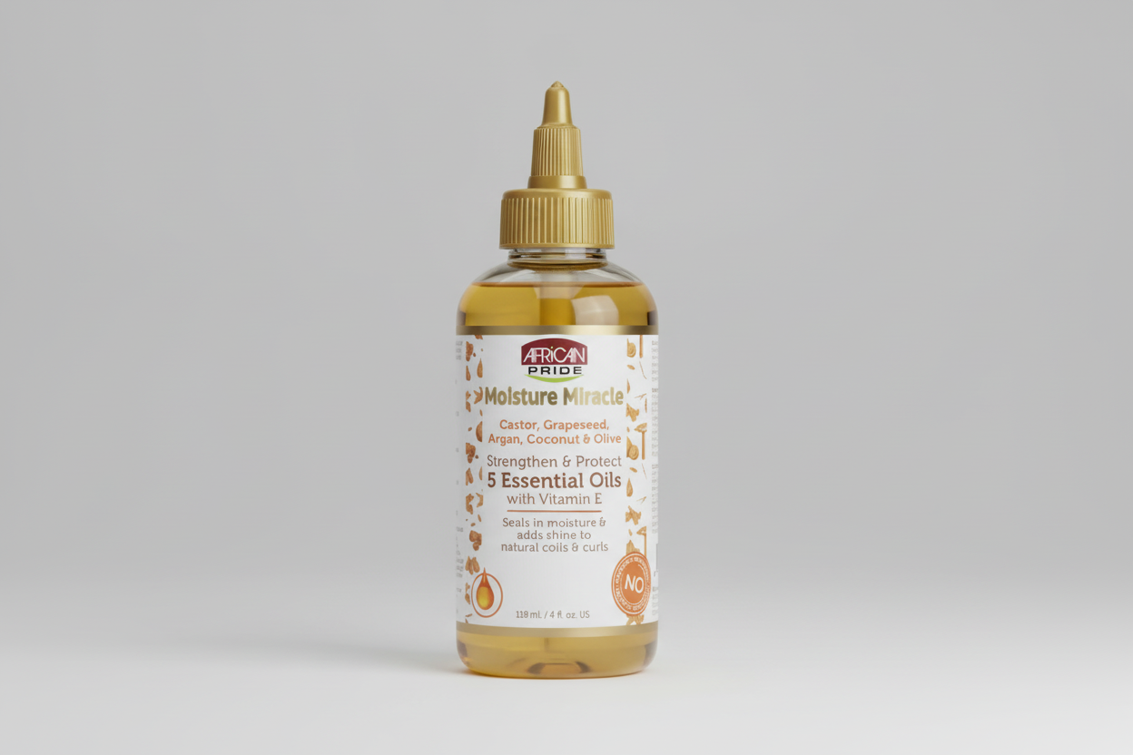 African Pride Moisture Miracle 5 Essential Oils, with Vitamin E, Strengthen & Protect 6oz