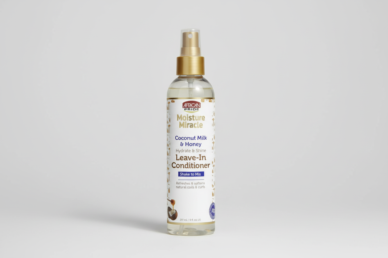 African Pride Moisture Miracle Leave-In Conditioner Spray with Coconut Milk; Honey, Hydrates; Shines Coils; Curls, 8 Oz