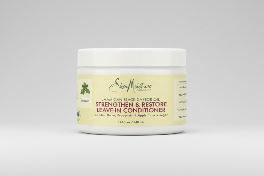Shea Moisture jar of Jamaican Black Castor Oil Strengthen & Restore Leave-In Conditioner on a white background