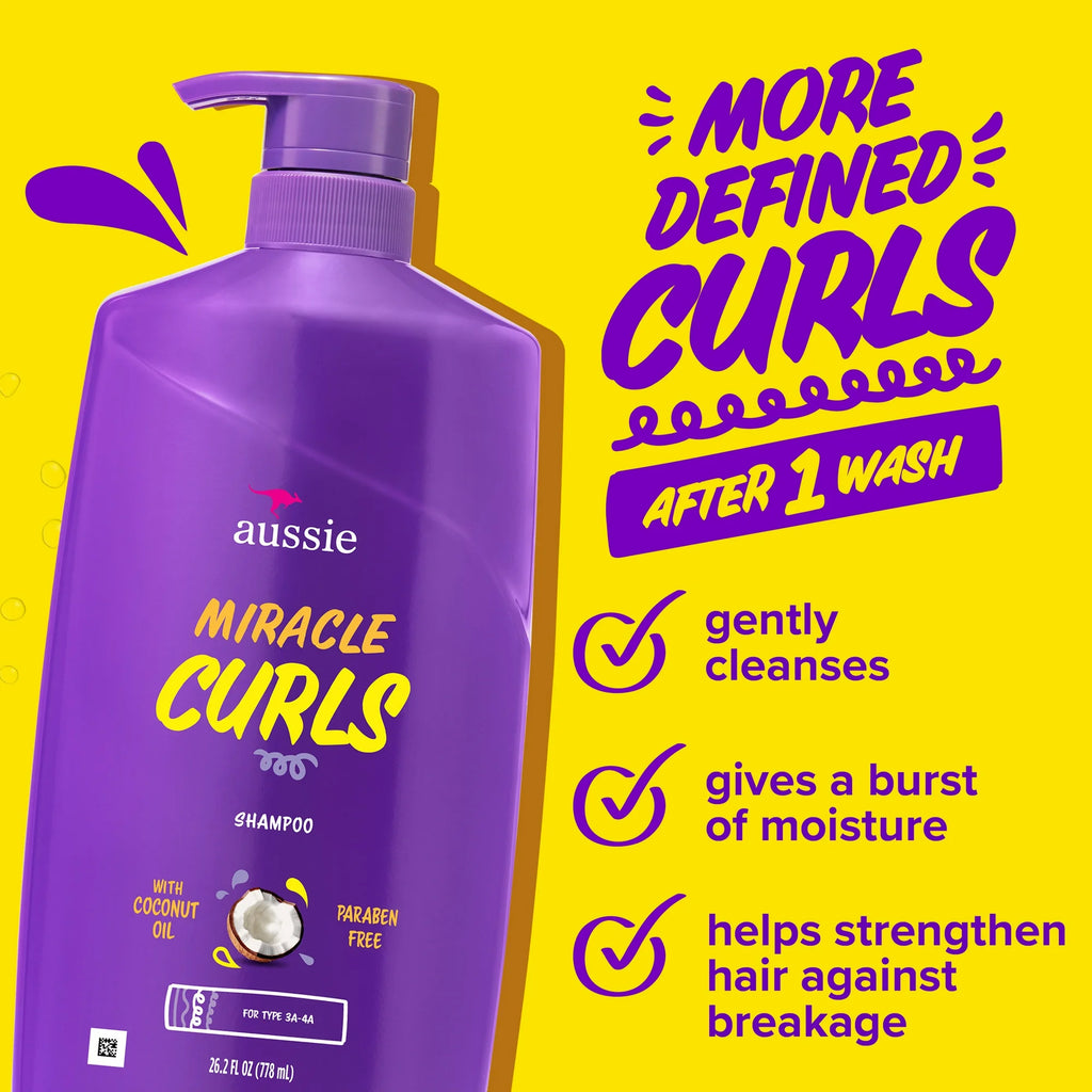 Aussie Miracle Curls Shampoo with Coconut Oil, 26.2 fl oz Moisturizing Shampoo for Curly Hair