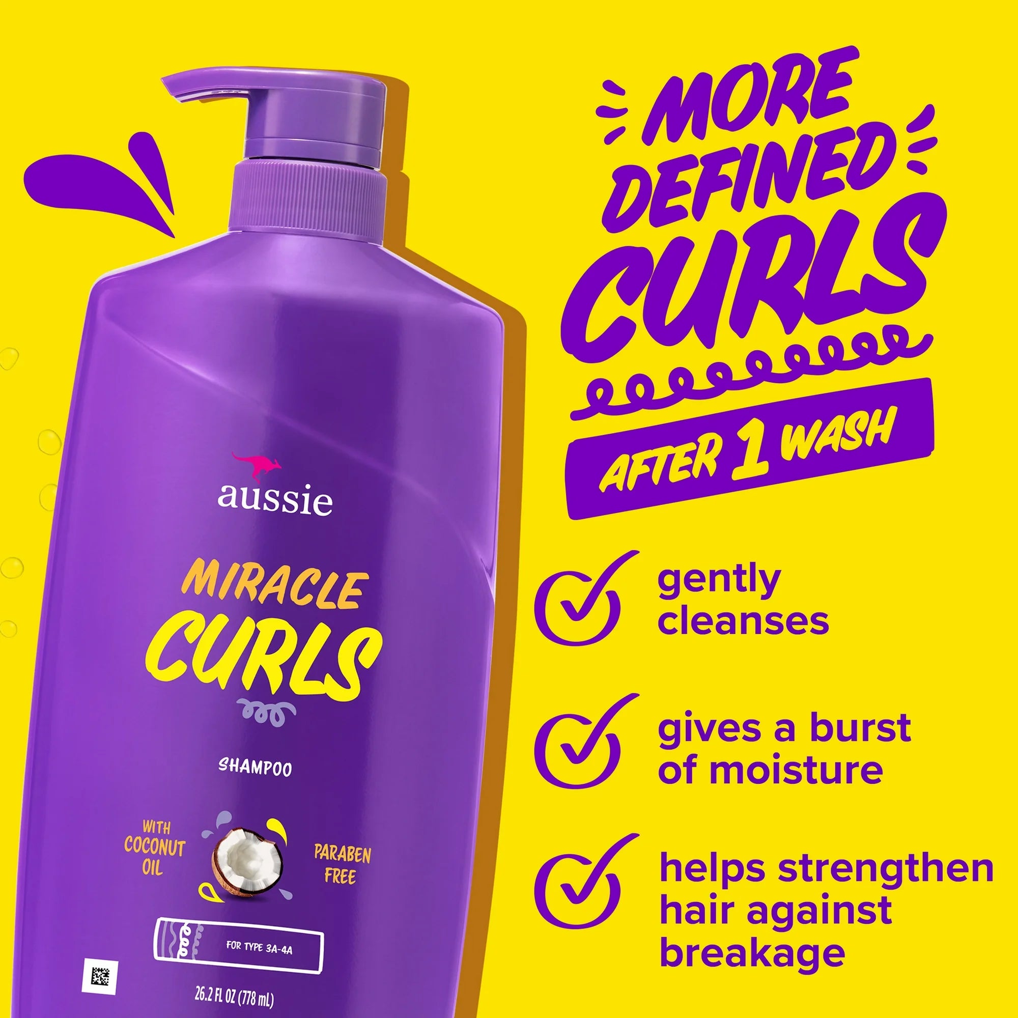 Aussie Miracle Curls Shampoo with Coconut Oil, 26.2 fl oz Moisturizing Shampoo for Curly Hair