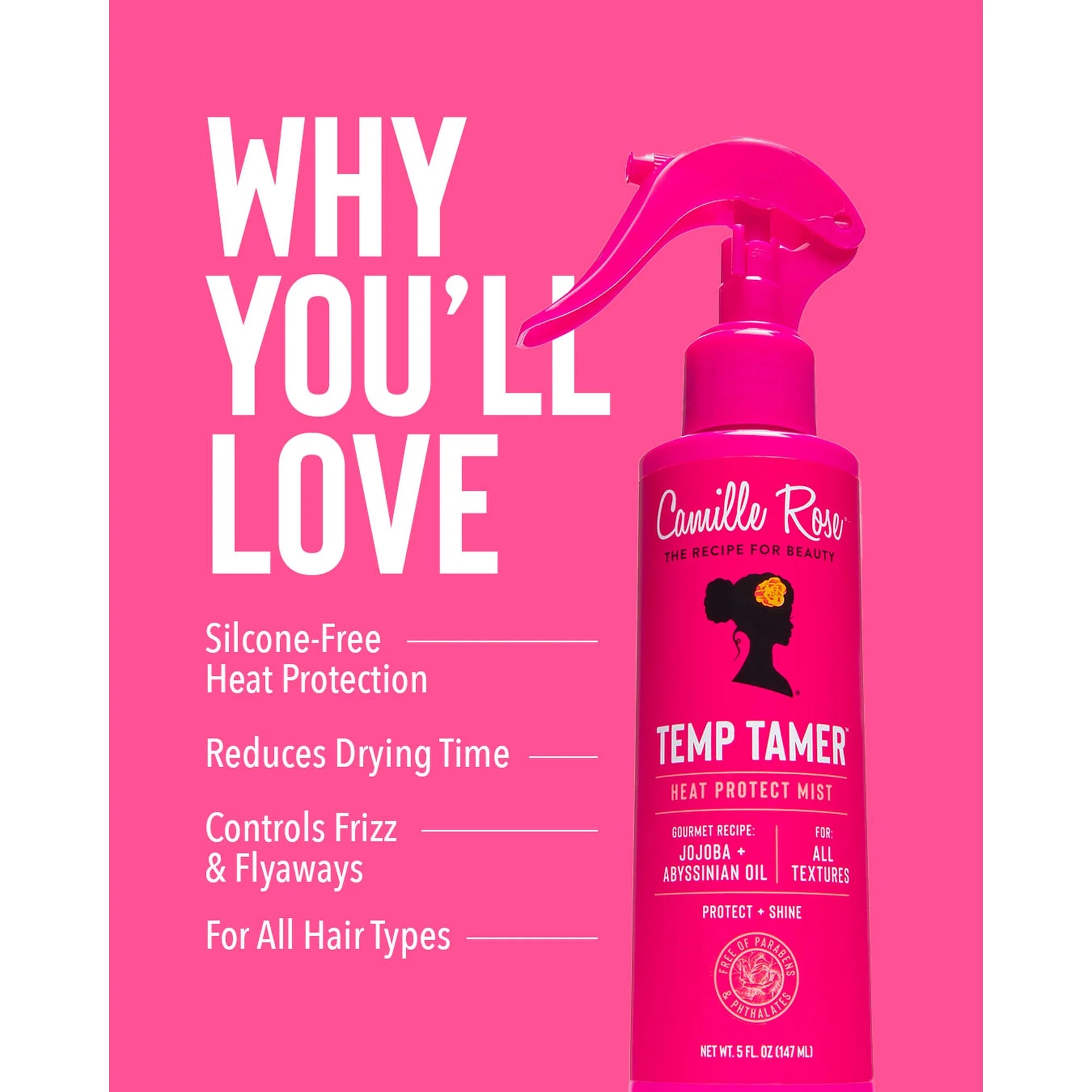 Camille Rose Temp Tamer Heat Protect Mist, 5 fl oz Lightweight Thermal Shield for Hair