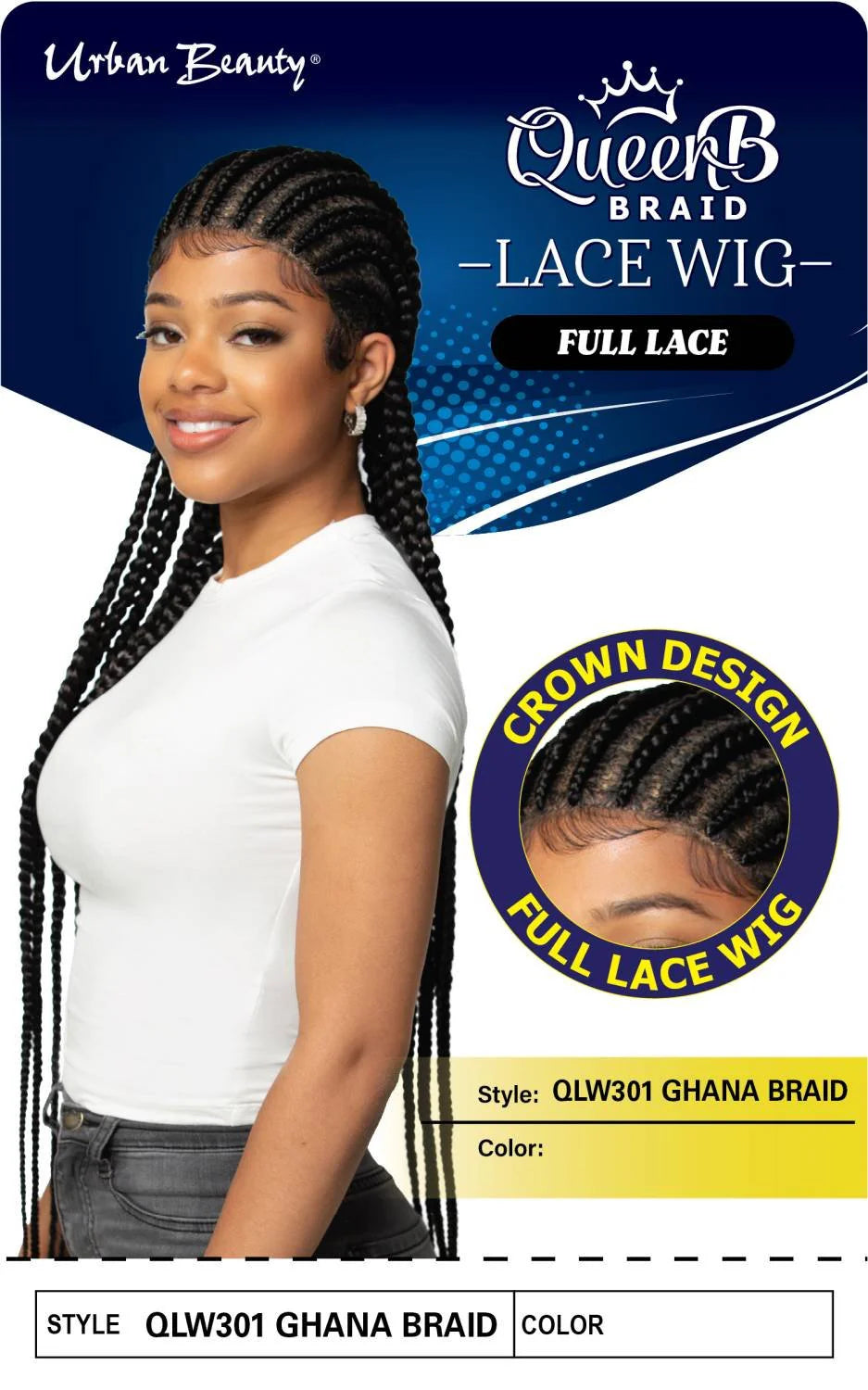 QueenB Full Lace Wig 36" – Natural-Look Ghana Braids with Crown Design